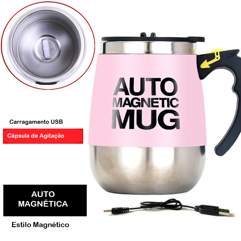 Caneca Magnética com Agitação Automática Pilhas AAA ou Cabo UBS de Aço Inoxidável