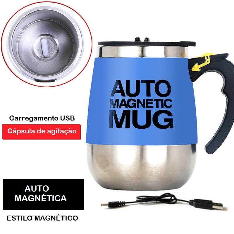 Caneca Magnética com Agitação Automática Pilhas AAA ou Cabo UBS de Aço Inoxidável