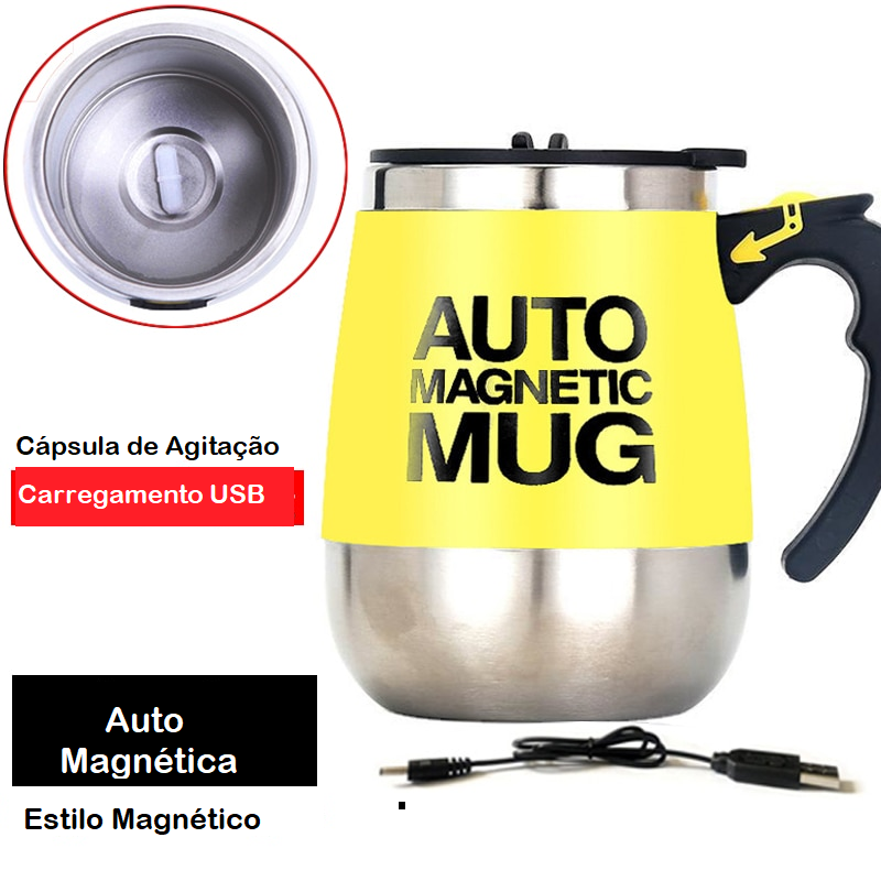 Caneca Magnética com Agitação Automática Pilhas AAA ou Cabo UBS de Aço Inoxidável