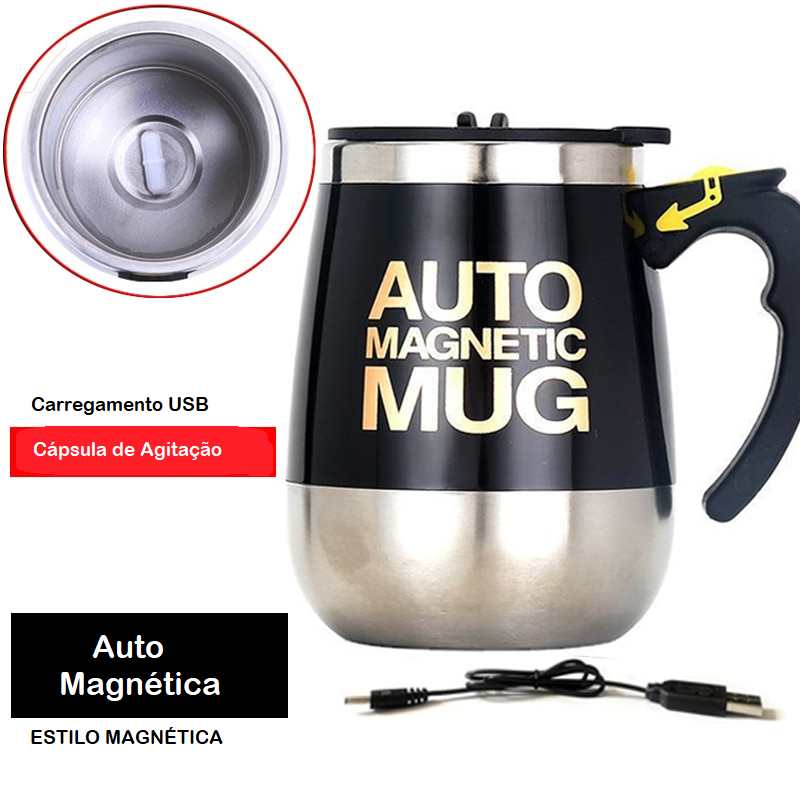 Caneca Magnética com Agitação Automática Pilhas AAA ou Cabo UBS de Aço Inoxidável