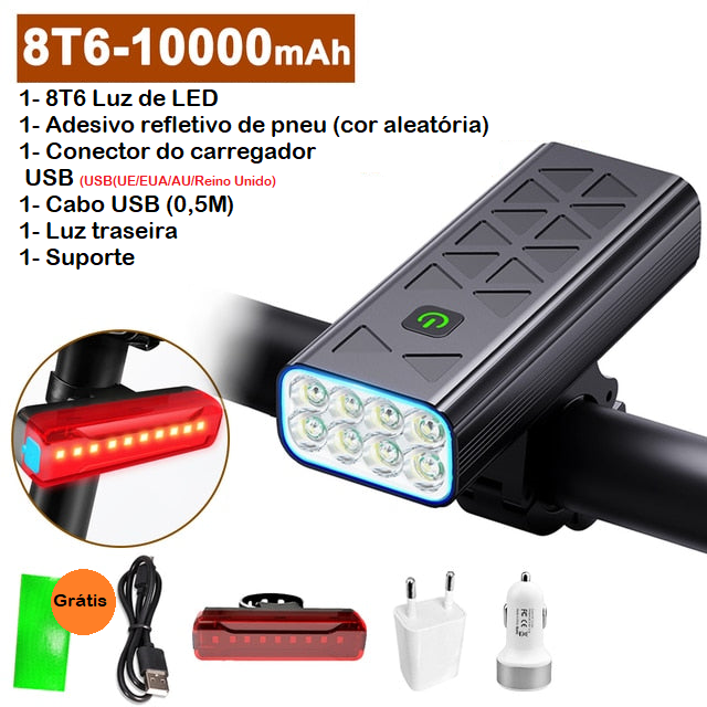 Farol de Lanterna Recarregável para Bicicleta LED à Prova Água 10000mah